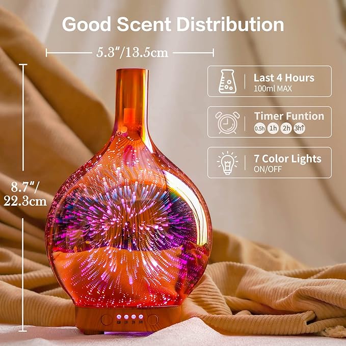 Porseme Essential Oil Diffuser 3D Glass Aromatherapy Ultrasonic Humidifier - 7 Color Changing LEDs, Waterless Auto-Off, Timer Setting, BPA Free 100ml Rose Gold Aladdin