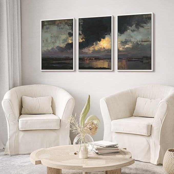 wall26 Framed Canvas Print Wall Art Set Moody Harbor Dusk with Storm Clouds Illustrations Modern Art Decorative Multicolor for Living Room, Bedroom, Office - 16"x24"x3 WHITE
