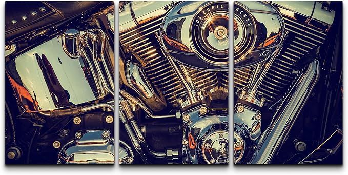 wall26 Canvas Print Wall Art Set Close Up of Chrome Motorcycle Engine Transportation Vehicle Photography Realism Chic Scenic Colorful Multicolor Ultra for Living Room, Bedroom, Office - 24"x36"x3