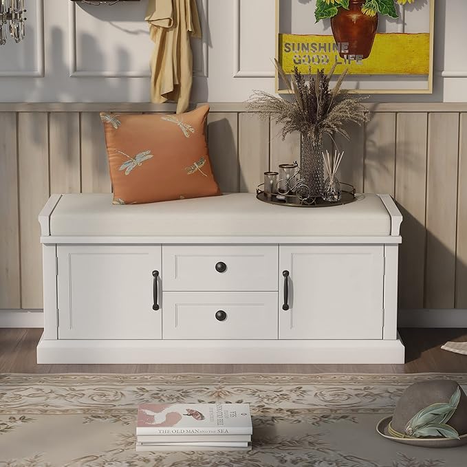 Merax Modern Wood Storage Bench with 2 Drawers and 2 Cabinets for Living Room Bed Room Entryway White