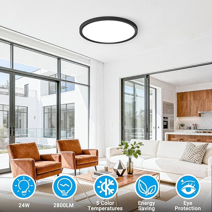 LED Flush Mount Ceiling Light,12Inch 24W,3000K/3500K/4000K/5000K/6500K 5 Color Temperatures Ceiling Light Fixture for Kitchen Porch Hallway Bedroom Bathroom and Closet,Black
