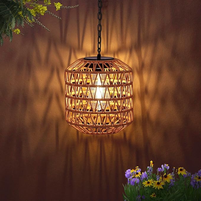 Livinlarge Solar Pendant Light Outdoor,Chandelier Hanging Lantern with Edison Bulb,Boho Solar Powered Lamps IP44 Waterproof for Gazebo Tree Porch Yard Porch Patio Garden Backyard Decorative