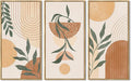KUVIOKE Boho Orange Wall Art Green Botanical Leaf Artwork BohemainMinimalist Line for Bathroom Living Room 8x16in3pcs Natural Framed