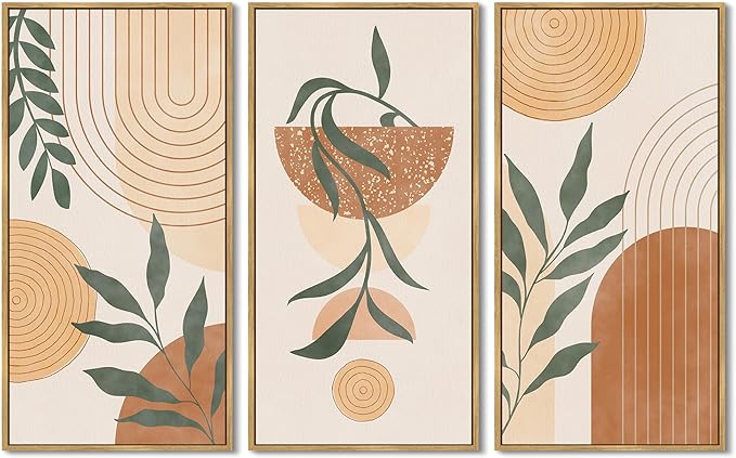 KUVIOKE Boho Orange Wall Art Green Botanical Leaf Artwork BohemainMinimalist Line for Bathroom Living Room 8x16in3pcs Natural Framed