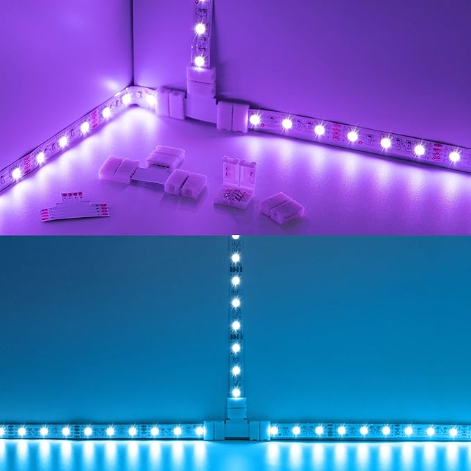 JACKYLED T Shape 4-Pin LED Connectors 10-Pack 10mm Wide Unwired Solderless Gapless Adapter Connectors Terminal Extension 12V 72W with 32pcs Clips for 5050 3528 SMD RGB LED Strip Lights