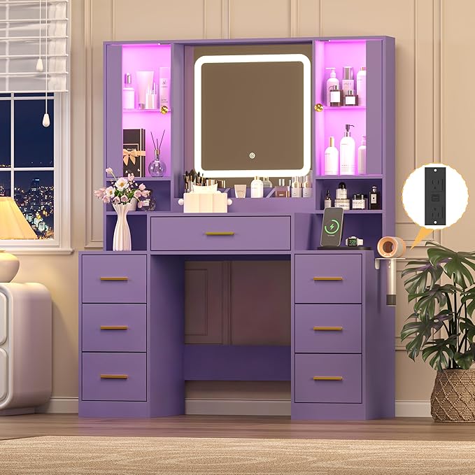 Purple Makeup Vanity Desk with Mirror & Lights, Modern Vanity Table with Charging Station, 7 Drawers, Glass Cabinet, Adjustable Shelves, Bedroom Dressing Table Set for Women & Girls