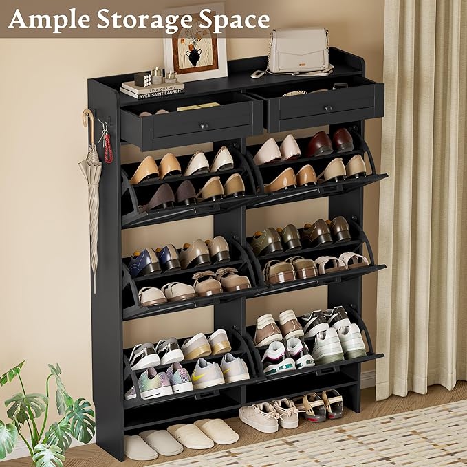 Shoe Cabinet for Entryway, Farmhouse Shoe Storage Cabinet with 6 Flip Drawers and 2 Top Drawers, Tall Narrow Shoe Organizer Cabinet with Adjustable Shelves, Side Hooks and Anti-Tip Kit