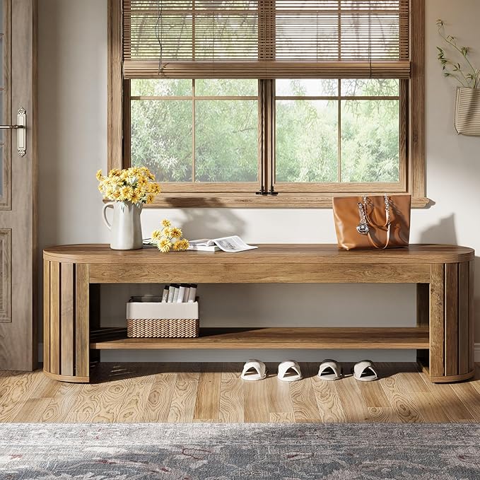 Tribesigns 63" Wooden Entryway Bench with Shoe Storage, Long 2-Tier Narrow Shoe Bench with Arc Vertical Slat Splicing Legs, End of Bed Stool for Bedroom, Entrance, Living Room (Brown)