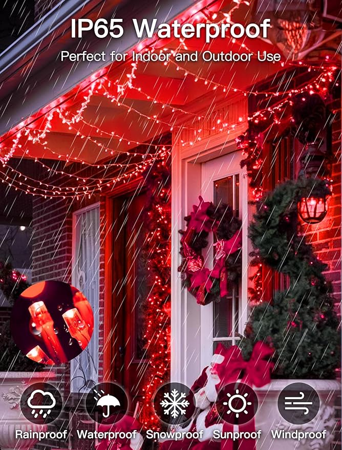 String Lights Indoor Bedroom, 33FT 100 LED Fairy String Lights Outdoor Waterproof, 8 Modes Memory Twinkle Christmas Light Plug in for Classroom Dorm Patio Tree Garden Decor (Red)