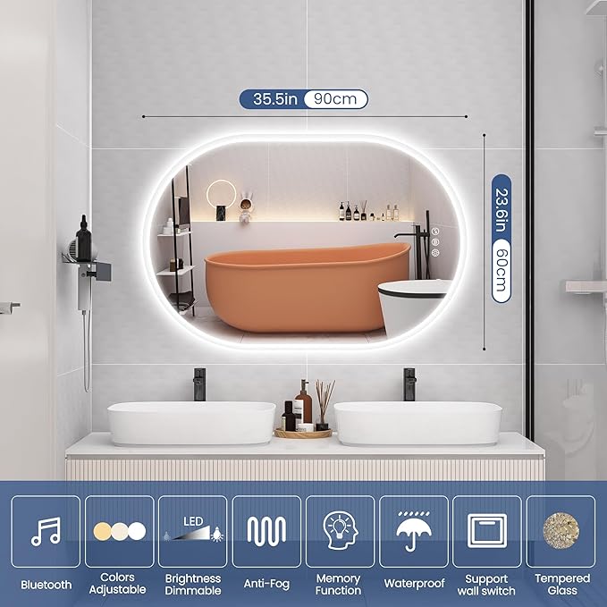 STARLEAD 24"x36" Oval LED Bathroom Mirror with Bluetooth Speaker, Dimmable Lighting, 3 Color Modes, Anti-Fog, Touch Control Wall Mounted Vanity Mirror