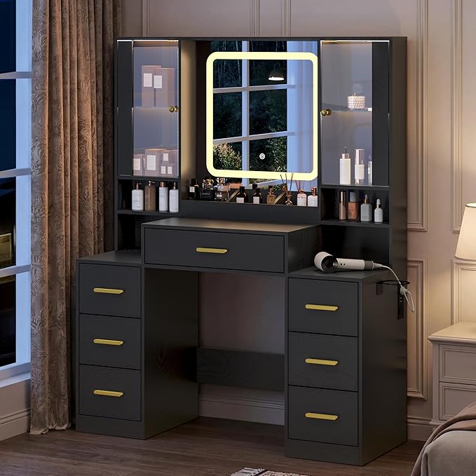 Vanity Desk with Mirror and Lights, Makeup Vanity with 7 Drawers, 2 Glass Door Cabinets, Charging Station, Adjustable Shelves, RGB Lighting, Hair Dryer Holder