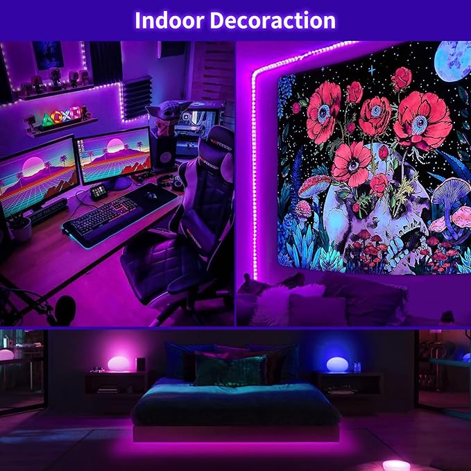 Dimmable Black Light Strip Kit 40ft/12M 720 LEDs, 12V Flexible Blacklight Fixtures, 385nm-400nm, Black Light LED Strips for Glow Party Fluorescent Poster Halloween Indoor Bedroom Decor, Non-Waterproof