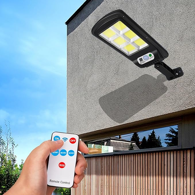 NUNET 4 Pack 120 LED Solar Security Lights Outdoor, Motion Sensor with Remote Control, 3 Modes Weatherproof, Dusk to Dawn, Wireless Solar Street/Flood Lights for Garden Yard Garage Patio Parking Lot