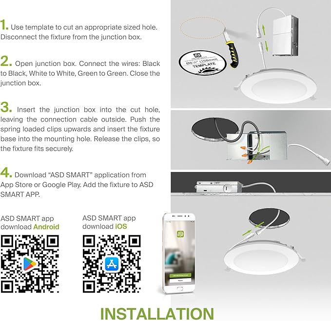 ASD 1 Pack LED Smart Recessed Lighting 6 Inch 15W, RGBW Color Changing Lights, Compatible with Alexa & Google Assistant, Dimmable 2700K-6500K Selectable RGB Lights, WiFi Bluetooth Ceiling Light, ETL
