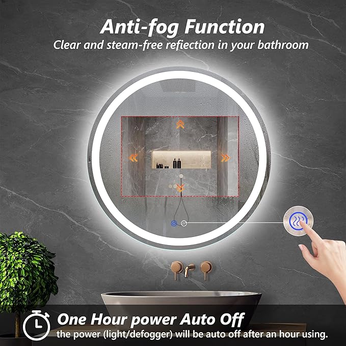 24 Inch LED Round Lighted Mirror, Bathroom Backlit Vanity Mirror Wall Mounted with 3000K/4000K/6000K Adjustable, Anti-Fog, Smart Touch Button, Stepless Dimmable Lighted Makeup Mirror
