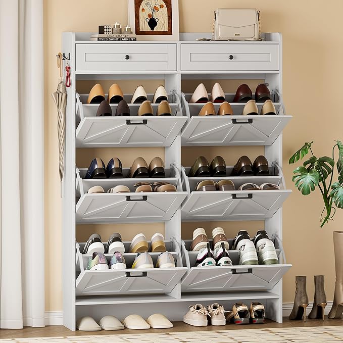 Shoe Cabinet for Entryway, Farmhouse Shoe Storage Cabinet with 6 Flip Drawers and 2 Top Drawers, Tall Narrow Shoe Organizer Cabinet with Adjustable Shelves, Side Hooks and Anti-Tip Kit