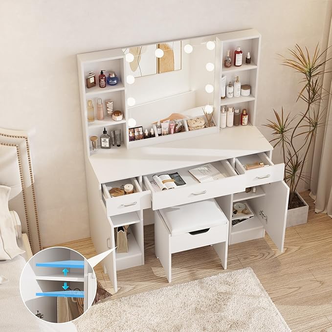 Makeup Vanity Desk with Lighted Mirror, White Vanity Set Makeup Table with 3 Drawers, 2 Cabinets and Storage Stool, Large Vanity 45inch, White