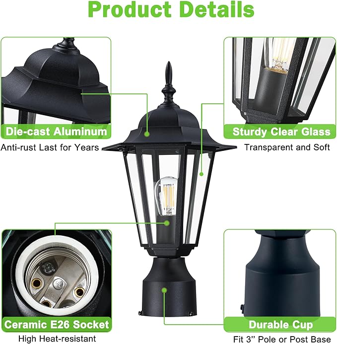 Outdoor Post Light, Pole Lantern, Waterproof Die-Cast Aluminum Pole Light Fixture with Glass, Exterior Post Lamp for Garden Yard Patio Pathway, Matte Black, 2-Pack