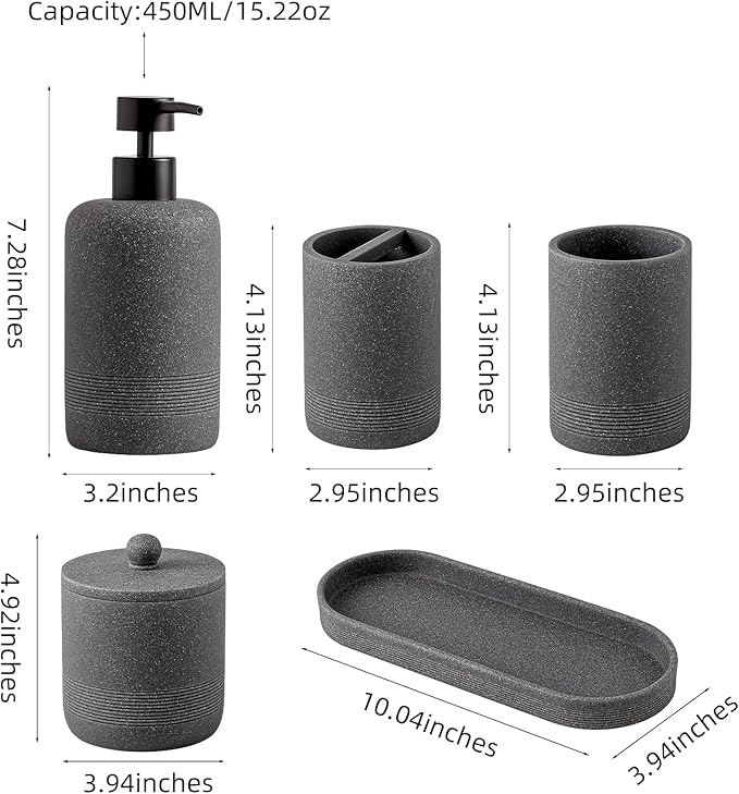 Bathroom Accessories Set, 6 PCS Modern Bathroom Accessory Set with 15 OZ Soap Dispenser, Toothbrush Holder, Vanity Tray, Tumbler, 2 PCS Qtip Holders (Grey)