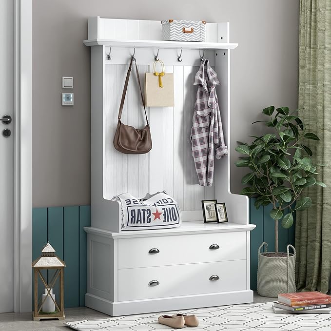 Retro 38.5" Wide Hallway Hall Tree with Coat Rack and 2 Large Drawers,Bench,5 Metal Hooks and Metal Handles,For Entrance Furniture Use (White#c)