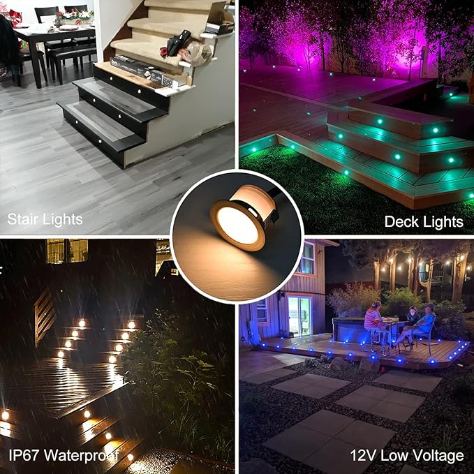 Sumaote LED Deck Lights Kit, 6 pcs 1.22 Inch WiFi Smart Phone Control Recessed RGBW Deck Lighting Outdoor Waterproof Low Voltage Landscape Lighting for Floor Stairs Steps Path Patio Decor, Black
