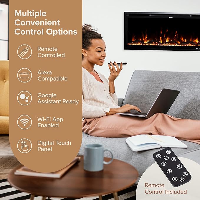 Modern Ember Aerus Slim 42 Inch Smart Linear Electric Fireplace | Recessed in-Wall or Wall-Mount | LED Multiple Flame Colors | Alexa/WiFi Enabled | 4.25” Profile | Remote Included