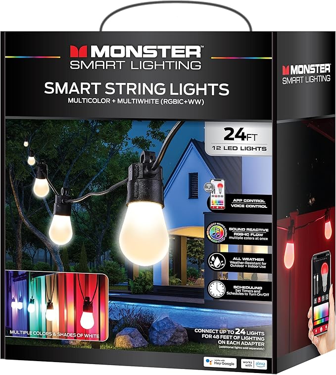 Monster 24 Foot Outdoor Smart RGB+IC+WW String Lights, 12 Bulb Color Flow Dimmable LEDs, Sound Reactive, Water & Weather Resistant, Compatible with Alexa, Siri, Google Home, App