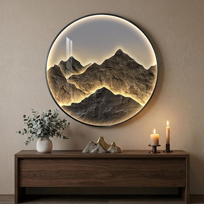 Troartos Framed LED Mountain Wall Art for Living Room, Modern Luxury Dimmable Lighted Landscape Artwork for Walls, Light Remote Control Wall Decor for Hallway, Apartment, Dining Room, Office, 30x30
