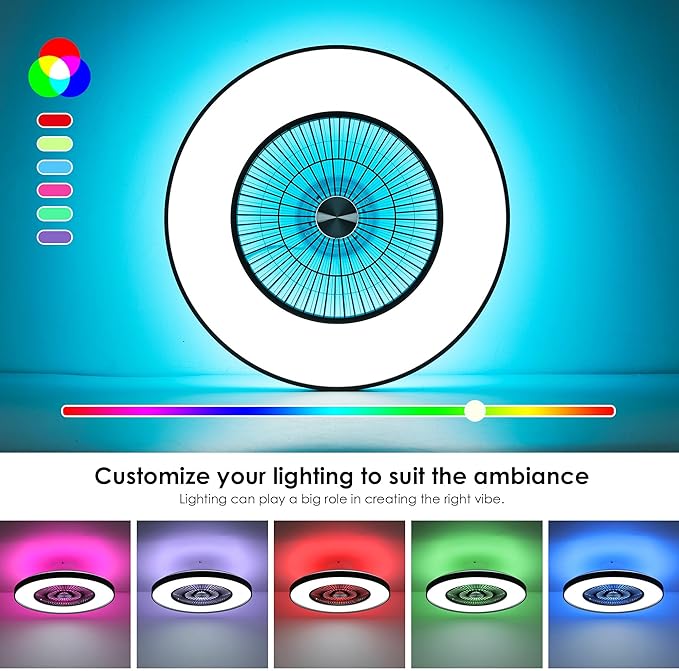 24" Bladeless Ceiling Fans with Lights and Remote/APP/Voice Control, Low Profile Ceiling Fan with RGB Lights, Enclosed Flush Mount Ceiling Fan for Kid's Bedroom/Living Room
