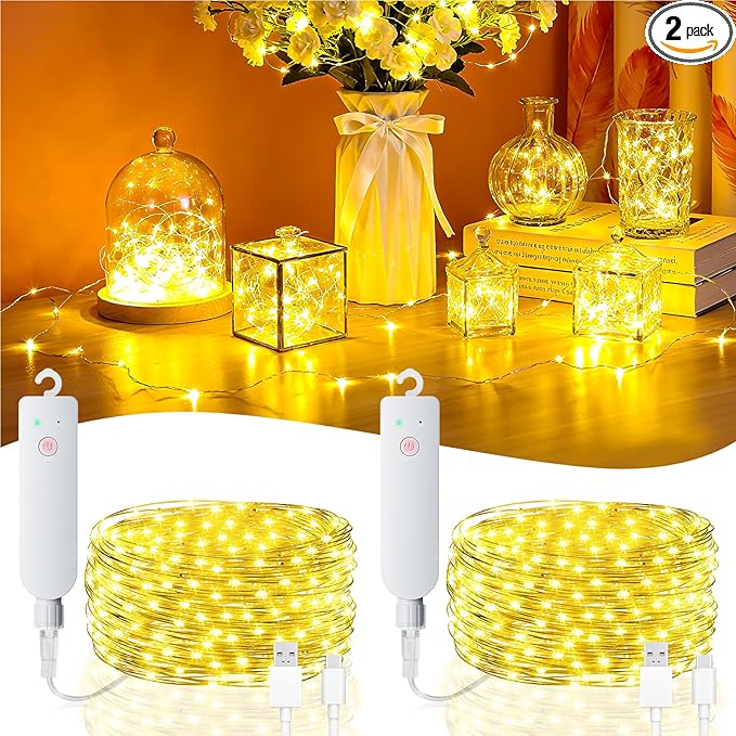 32FT(16 * 2) Fairy Lights Battery Operated, Rechargeable String Lights with Timer, Mini Waterproof LED Twinkle Lights for Bedroom, Christmas Decorations, Wedding Party Decor, Warm White