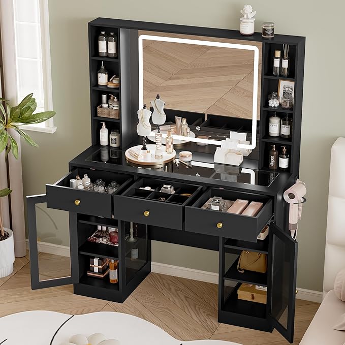 Makeup Vanity Desk with Mirror and Lights, 43" Black Vanity with Glass Top, Jewelry Storage, 3 Drawers & Glass Cabinets, Power Outlet & Adjustable LED Lights, Dressing Table for Women & Girls Bedroom