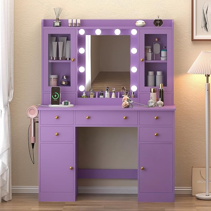 Vanity Desk with Mirror and Lights, 43" Purple Makeup Vanity Set with 5 Drawers & Glass Cabinets, Makeup Tray, Power Outlet & Adjustable LED Lights, Dressing Table for Women & Girls Bedroom