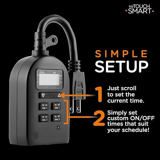 myTouchSmart, Single Plug-in Digital, Simple Programmable, Weather Resistant, Indoor/Outdoor Small Pump Timer, Seasonal Light Timer, Black, 1 Pack, 36027