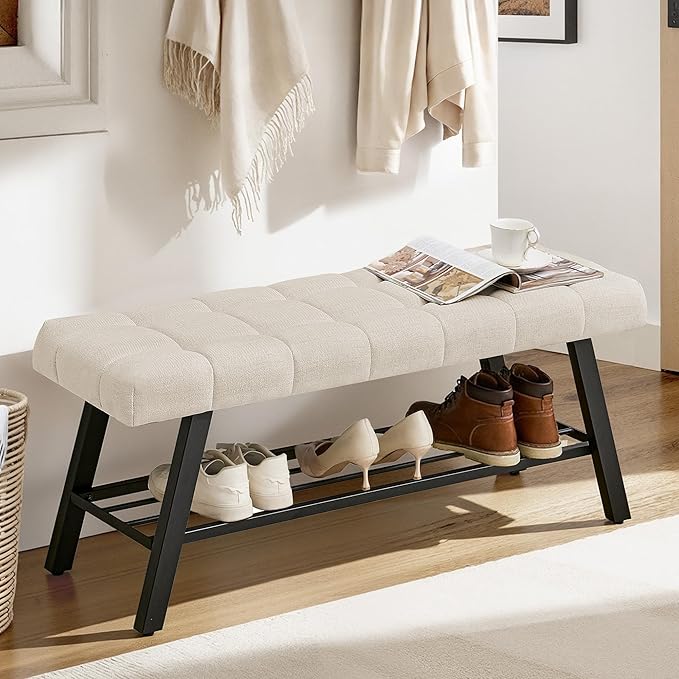 LUE BONA 45" Entryway Bench with Storage Shelf, End of Bed Bench with Tufted Linen Fabric Seat, Bedroom Bench with Metal Frame, 330 LBS Capacity for Entryway, Living Room, Hallway, Linen Color