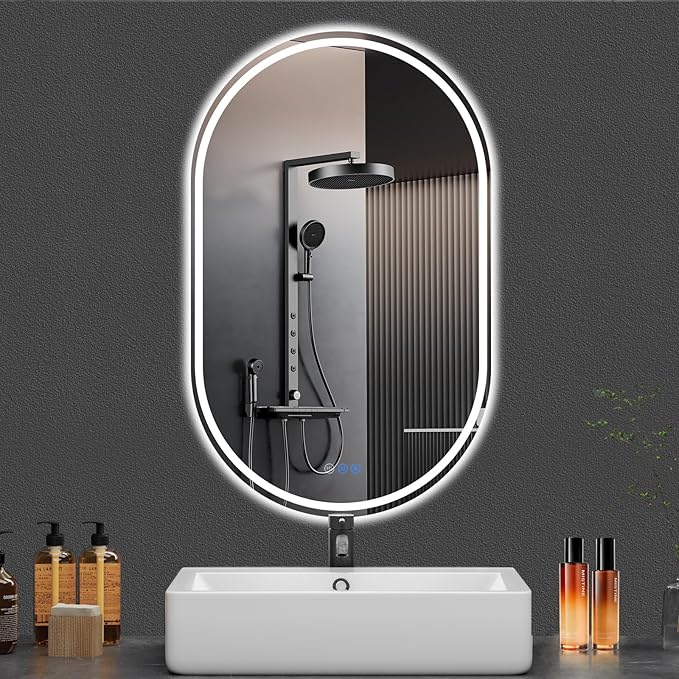 Oval LED Bathroom Mirror, 24"x 48" Frameless LED Mirror with Front Light and Backlit, Anti-Fog, Dimmable Modern Wall Mounted Lighted Mirror，Pill-Shaped Smart Mirror Bathroom