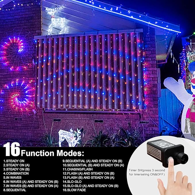LAMPHOME 33ft Red White Blue String Lights, 100 LED 4th of July Patriotic Fairy Lights Plug in, 16 Lighting Modes Starry Lights for Outdoor Tree Independence Day Memorial Day Party Decor