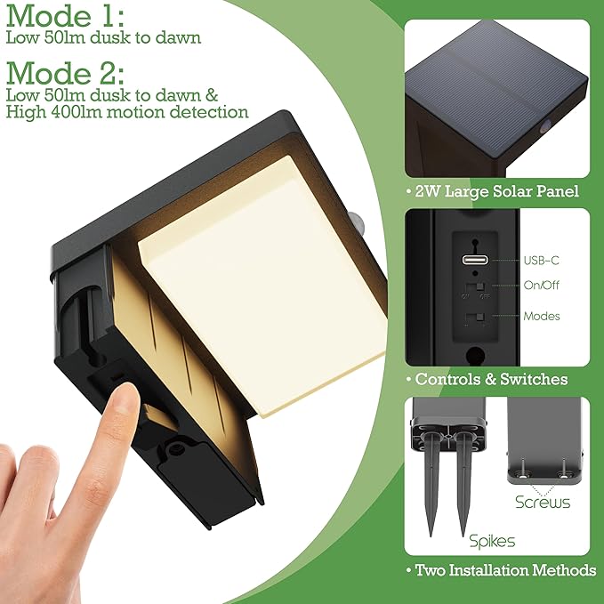 Solar Pathway Lights - Walkway Solar Lights for Outside - PIR Sensor & Two Lighting Modes - Rechargeable Battery Lasts Up To 55 Hours - 3000K - IP44 Weather Resistant - 2 Pack - 20.5" Height