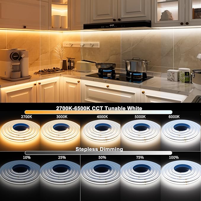 MIWISE CCT COB LED Strip Light Tunable White,32.8ft/10m Dimmable 2700K-6500K CRI90+ 24V LED Tape Light,for Under Cabinet Bedroom Kitchen DIY Lighting(Power Supply & Controller NOT Included)