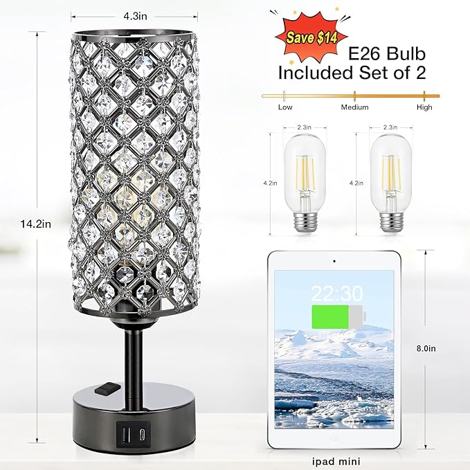 Hong-in Crystal Table Lamp Touch Control Set of 2, 3-Way Black Crystal Lamps with USB C+A Ports & AC Outlet, Dimmable Nightstand Desk Lamps,Modern Bedside Table Lamp for Bedroom(Bulbs Included)
