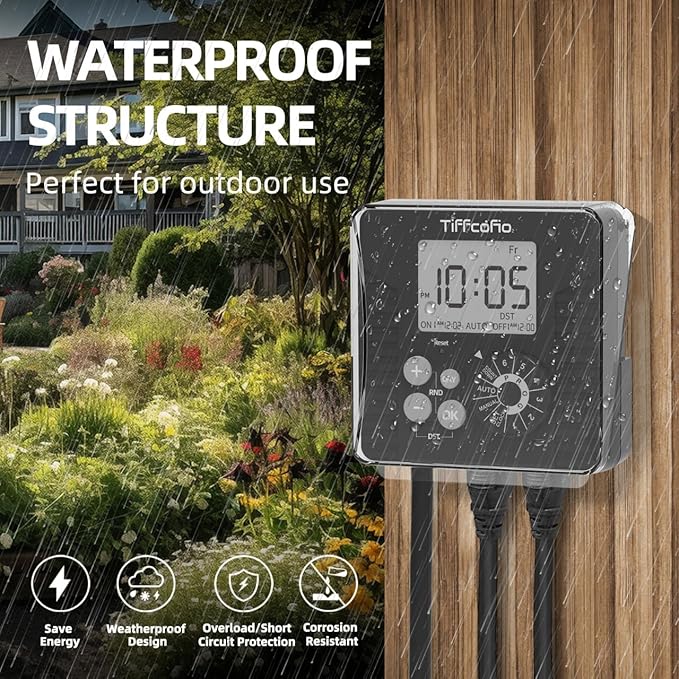 TiFFCOFiO New Digital Outdoor Timer Waterproof, Dial Programmable Method, Outdoor Light Timer with 2FT Extension Cord, 2 Grounded Electrical Outlets for Lights, 6 Sets of Programs, 15A/1875W