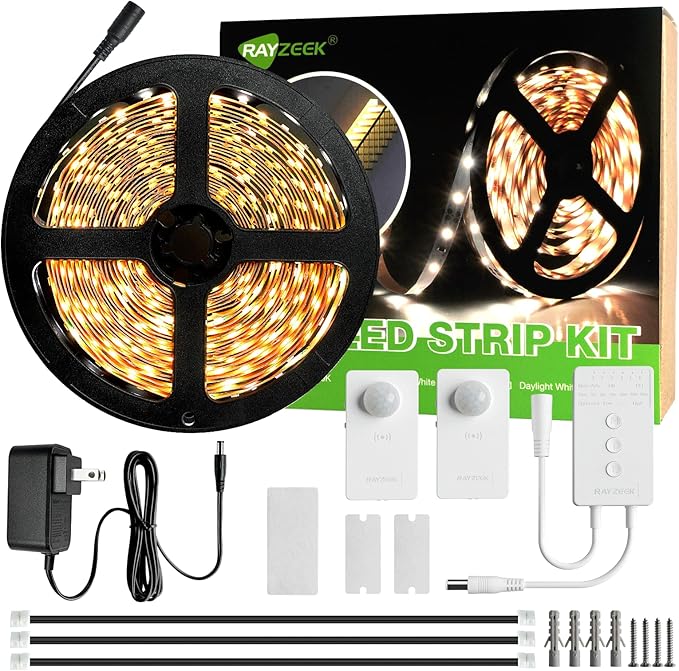 RAYZEEK Wireless Motion Activated LED Strip Lights,19.7FT LED Strip Lights with Power Adapter,RF Wireless Motion Sensor Control Dimmer,Timing,Warm White (1×Controller+2×Motion Sensor)