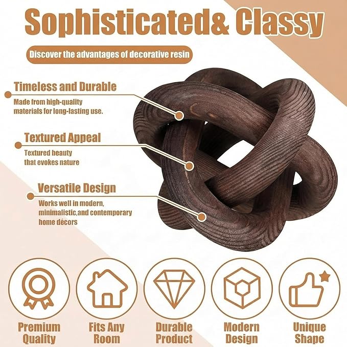 3 Link Wood Knot Decor Rustic Home Décor Accents Hand Carved Coffee Table Decoration, Boho Chain Link Decoration, Modern Shelf, Rustic Objects for Home Living Room Bedroom(Black Walnut)