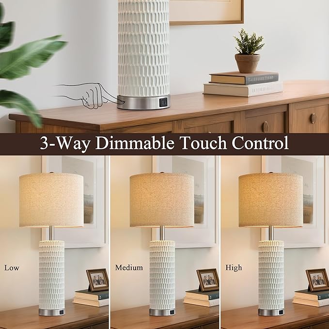 26.5" White Lamps for Bedroom Set of 2, Modern Table Lamps for Living Room with USB C+A Ports, Touch Lamps for Nightstand, Oatmeal Shade