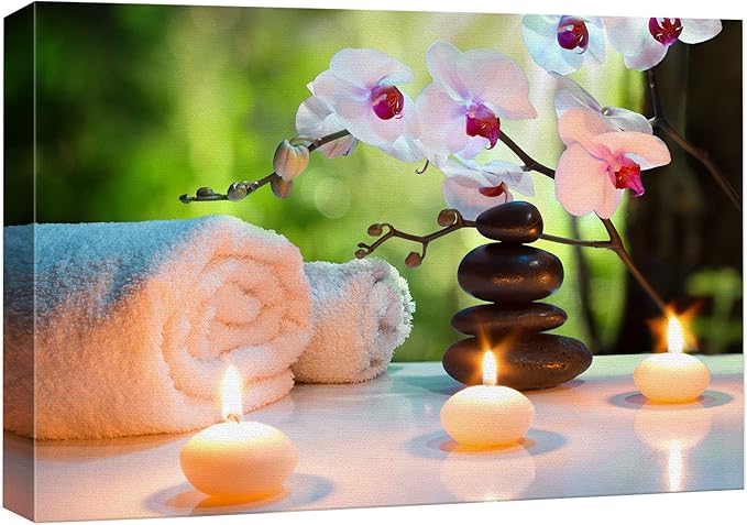 wall26 Canvas Print Wall Art Massage Stones, Candles & Orchid Flowers Floral Botanical Photography Realism Tropical Zen Colorful Multicolor Ultra for Living Room, Bedroom, Office - 16"x24"