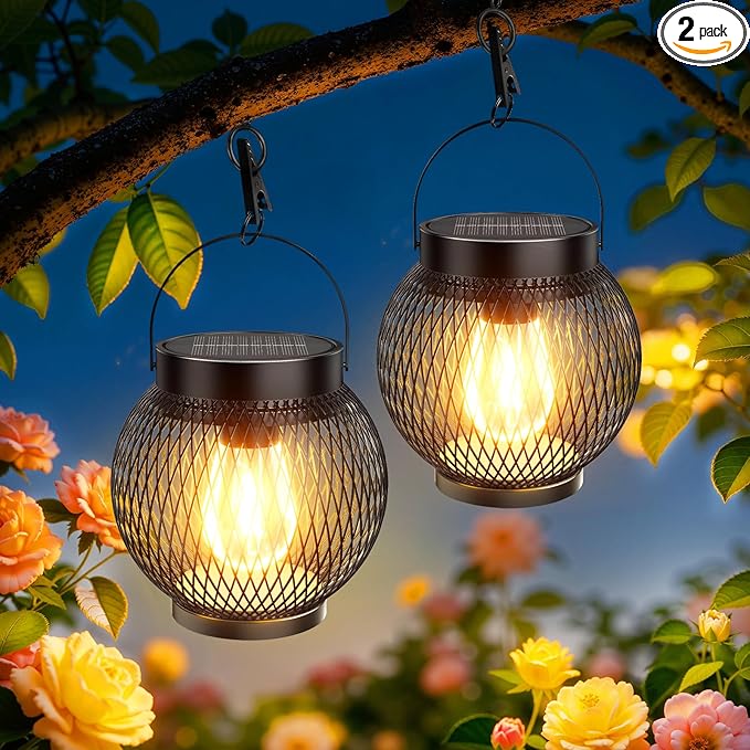 Solar Lanterns Outdoor Waterproof, Upgraded Hanging Solar Lights for Outside, Metal Solar Hanging Lanterns with Clip, Solar Powered Lantern for Patio Porch Garden Decor, 2 Pack