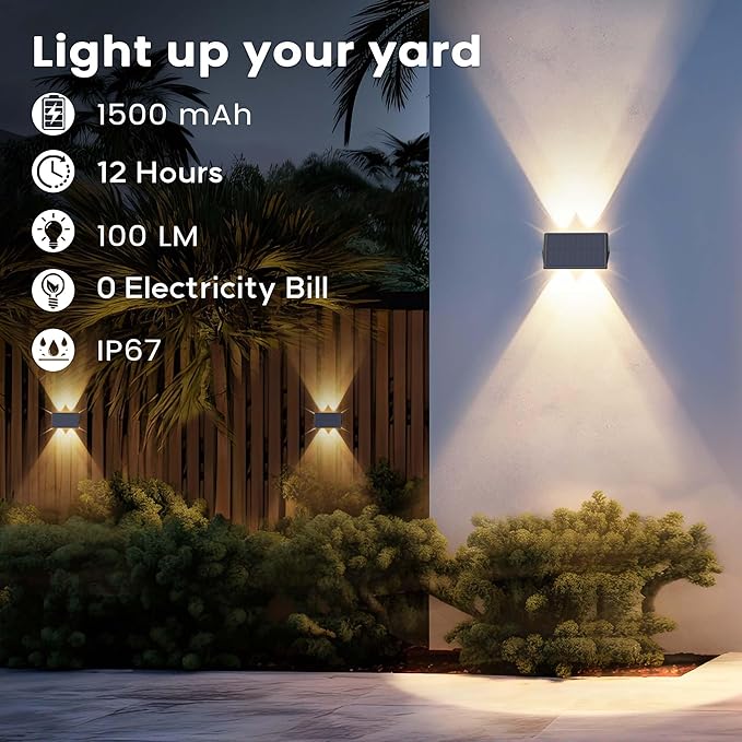 Fence Lights Solar Powered, 4-Pack Solar Fence Lights Up/Down Flexible Buttons, IP67 Waterproof for Outdoor, 100LM Bright, Auto Dusk to Dawn for Wall/Stairs/Yard/Railing/Deck/Pathway (Warm White)
