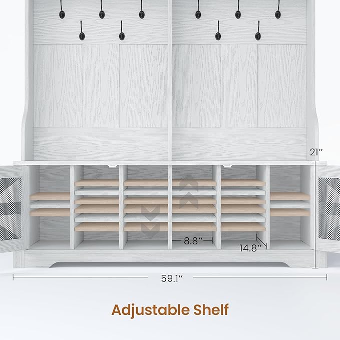Itaar Hall Tree with Bench and Shoe Storage, 5-in-1 Entryway Bench with Coat Rack, 16 Shoe Cubbies & 12 Coat Hooks, Barn Door & Adjustable Shelf (Embossed White)