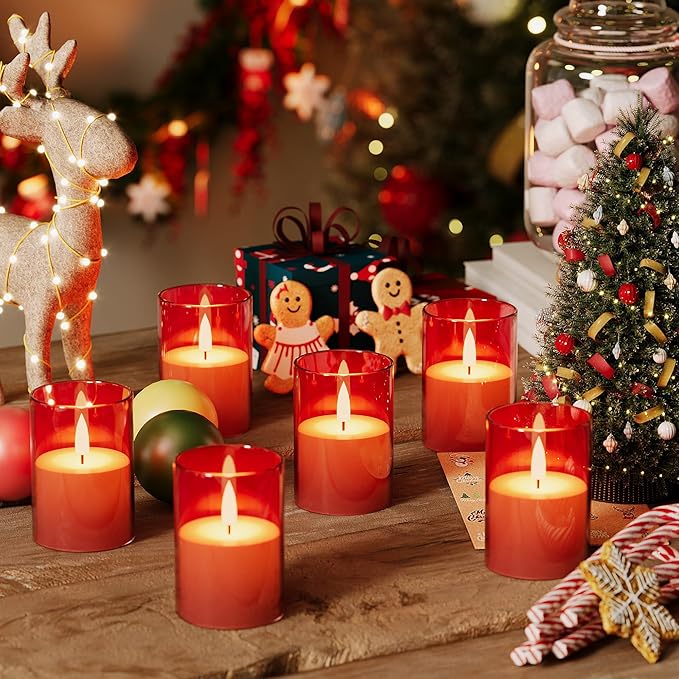 12Pack Flickering Flameless LED Candles with Timer, Battery Powered - Small Pillar & Votive, Red (2"X3")