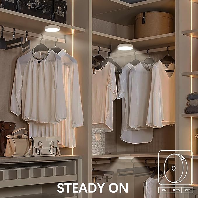 Under Cabinet Light Motion Sensor - Rechargable Closet Puck Lights, Stick on Night Lighting Magnet, Under Counter Lights Kitchen, LED Montion Sensor Light, Wireless Locker Nightlights 3-Pack