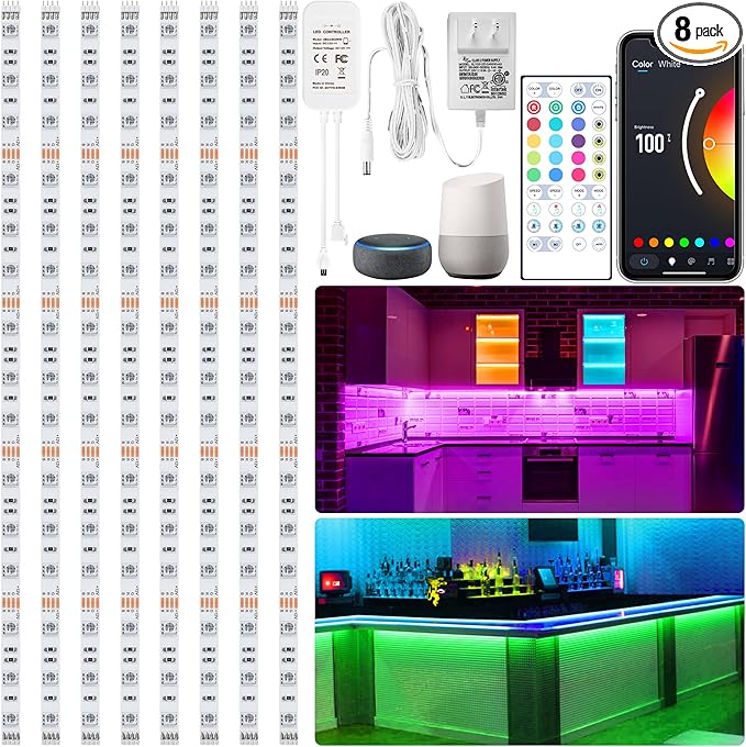 maylit 8 PCS 3.3FT Smart RGB Under Cabinet Lights Kit, Work with Alexa and Google Assistant, App and Remote Control, Music Sync Color Changing, Timer, Dimmable, for Cabinet, Counter, Shelf, Bookcase